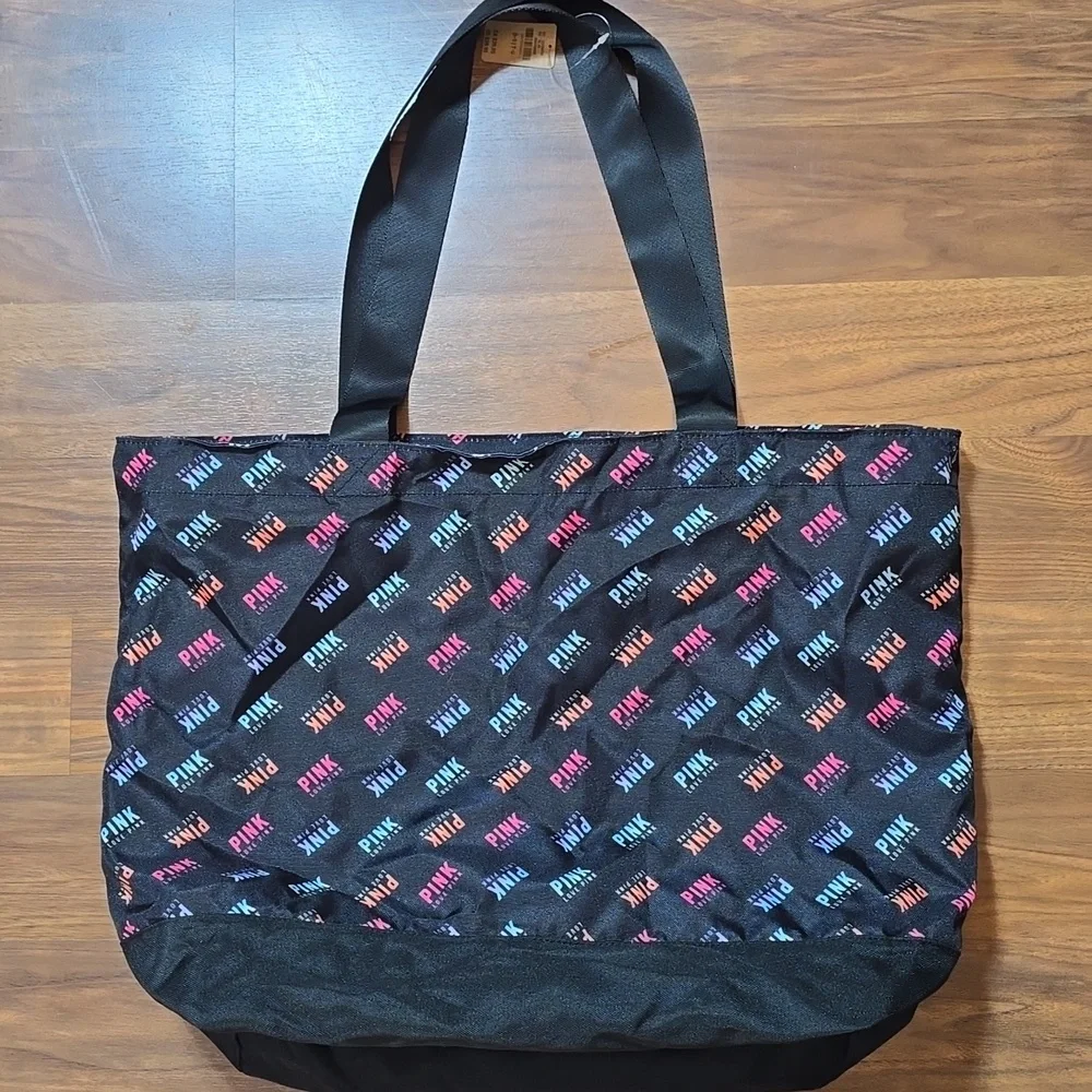 PINK Victoria's Secret Black Weekender Tote with Colorful Logo Pattern